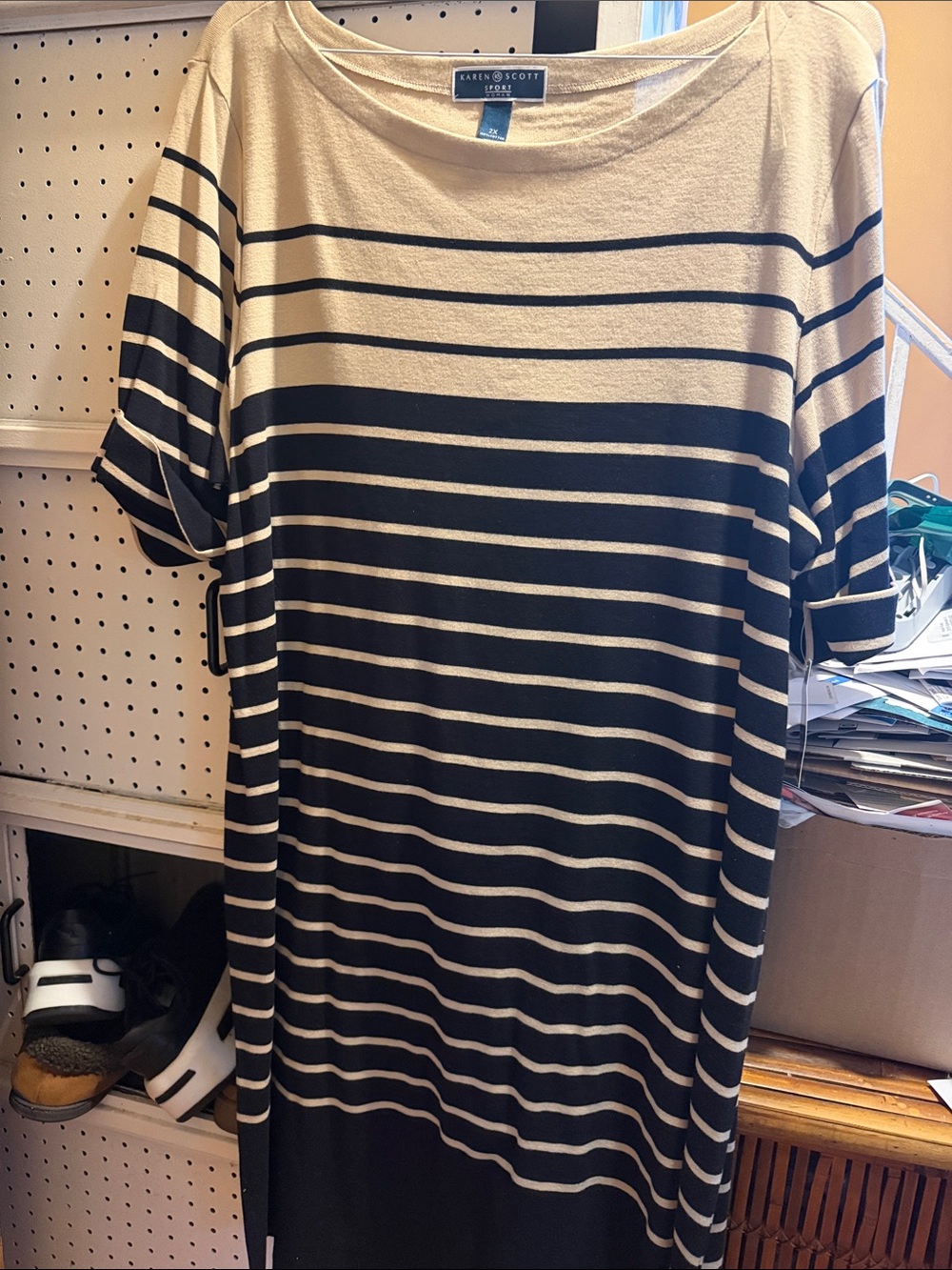 Karen Scott Women’s  Black and Cream Striped Short Sleeve dress